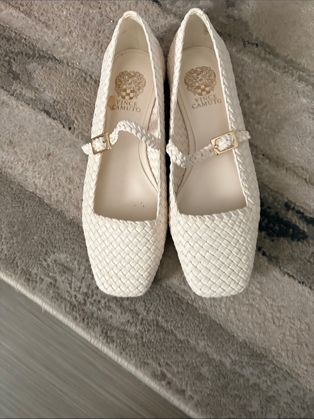 Vince Camuto Braided Mary Jane Flats in Off-White with Gold Buckles